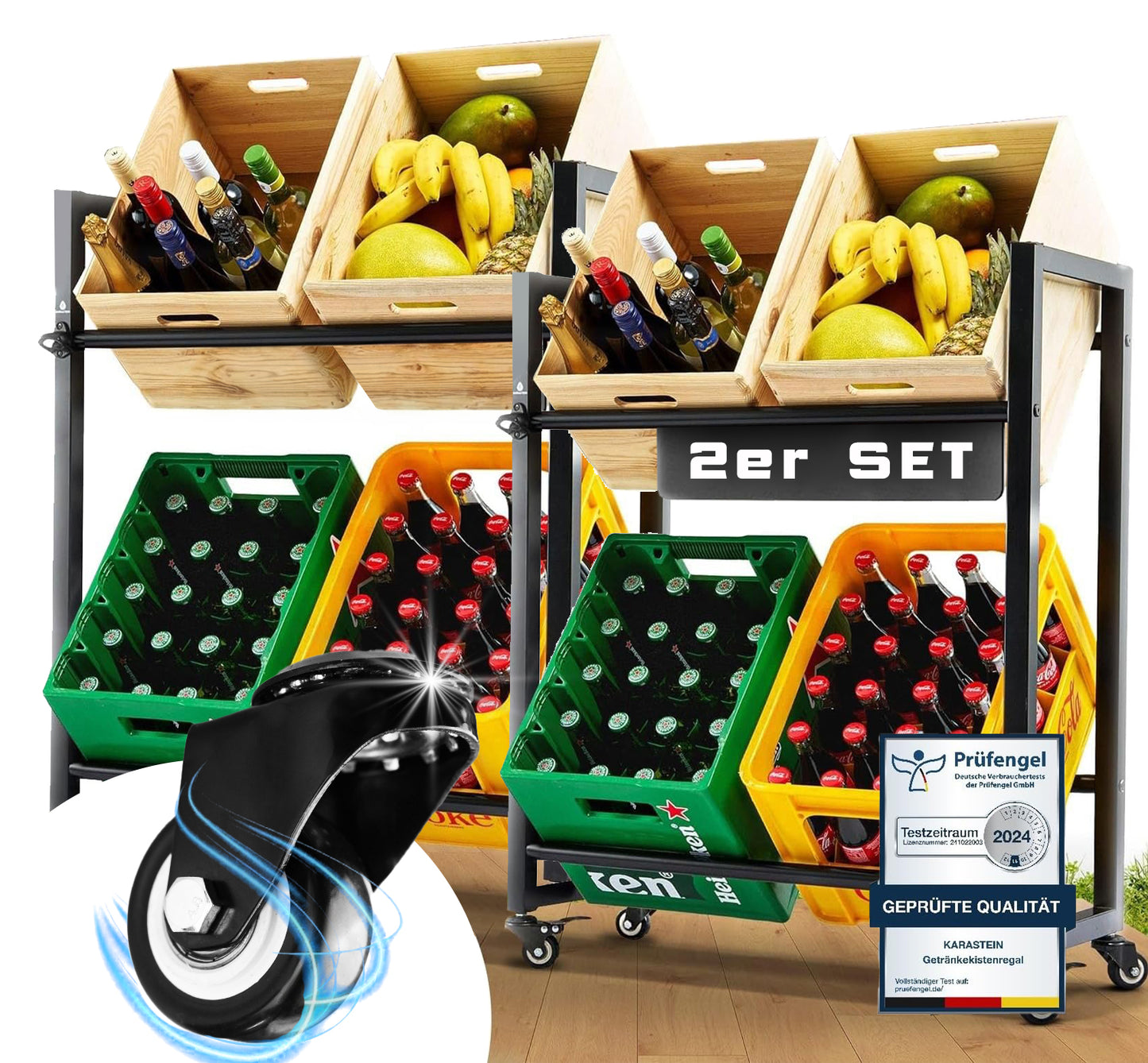 KARASTEIN® Premium Getränkekistenregal für 4 Kisten 2er SET Schwarz - ideal zum Transportieren und Lagern von Getränkekisten, mit Schwerlastrollen und Flaschenöffner