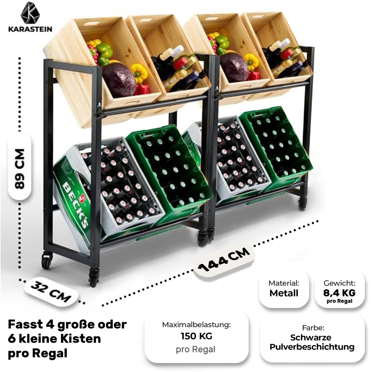 KARASTEIN® Premium Getränkekistenregal für 4 Kisten 2er SET Schwarz - ideal zum Transportieren und Lagern von Getränkekisten, mit Schwerlastrollen und Flaschenöffner
