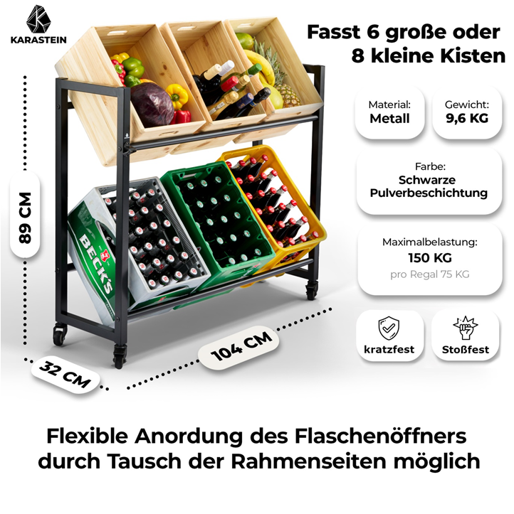 KARASTEIN® Premium Getränkekistenregal für 6 Kisten Schwarz - ideal zum Transportieren und Lagern von Getränkekisten, mit Schwerlastrollen und Flaschenöffner