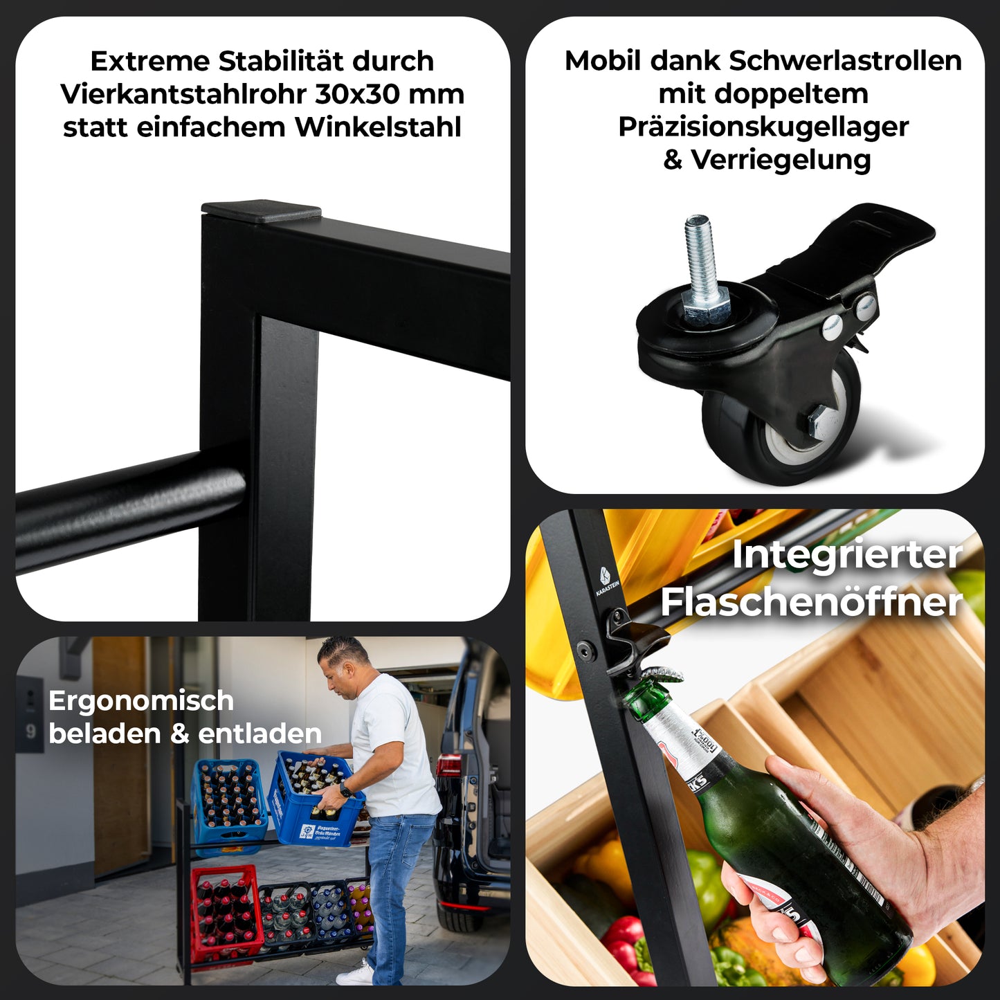 KARASTEIN® Premium Getränkekistenregal für 4 Kisten 2er SET Schwarz - ideal zum Transportieren und Lagern von Getränkekisten, mit Schwerlastrollen und Flaschenöffner