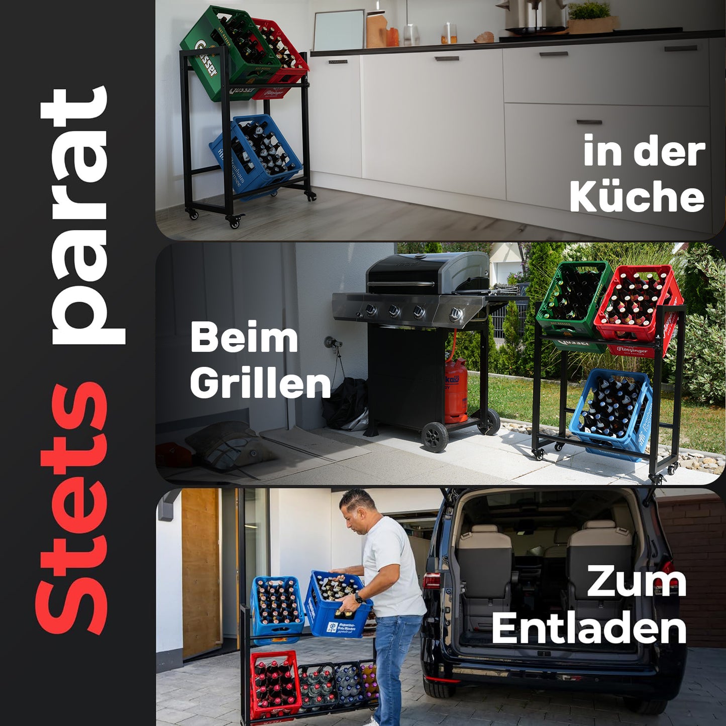 KARASTEIN® Premium Getränkekistenregal für 4 Kisten 2er SET Schwarz - ideal zum Transportieren und Lagern von Getränkekisten, mit Schwerlastrollen und Flaschenöffner