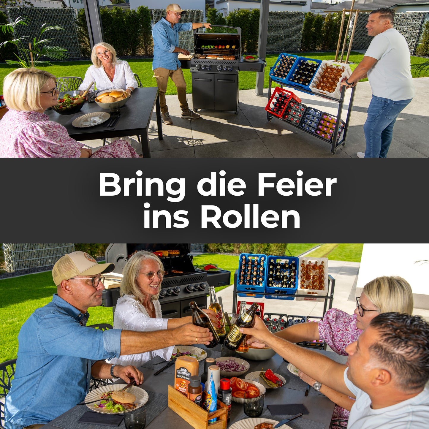 KARASTEIN® Premium Getränkekistenregal für 4 Kisten 2er SET Schwarz - ideal zum Transportieren und Lagern von Getränkekisten, mit Schwerlastrollen und Flaschenöffner