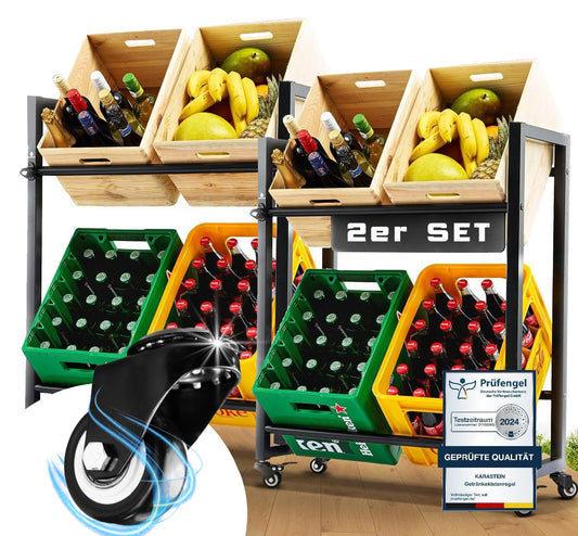 KARASTEIN® Premium Getränkekistenregal für 4 Kisten 2er SET Schwarz - ideal zum Transportieren und Lagern von Getränkekisten, mit Schwerlastrollen und Flaschenöffner