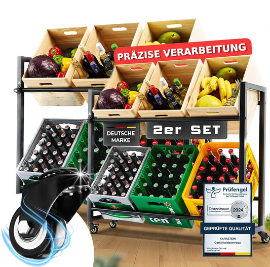 KARASTEIN® Premium Getränkekistenregal für 6 Kisten 2er SET Schwarz - ideal zum Transportieren und Lagern von Getränkekisten, mit Schwerlastrollen und Flaschenöffner