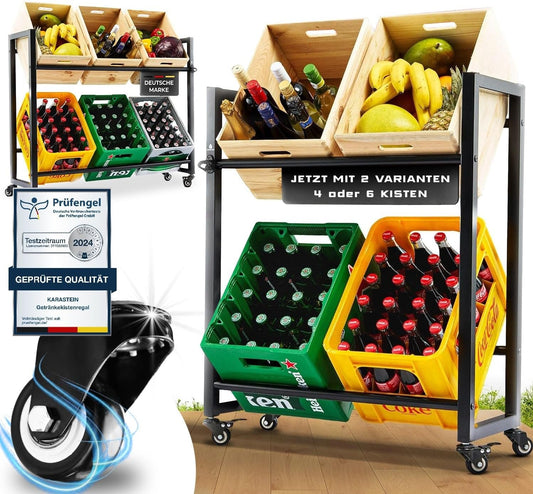 KARASTEIN® Premium Getränkekistenregal für 4 Kisten Schwarz - ideal zum Transportieren und Lagern von Getränkekisten, mit Schwerlastrollen und Flaschenöffner