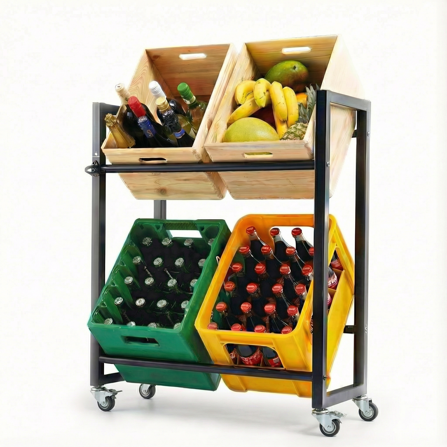 KARASTEIN® Getränkekistenregal für 4 Kisten mit Rollen – Mobiles Schwerlast Getränkeregal bis 150 kg – Profi Bierkistenregal & Wasserkistenregal aus Vierkantstahl