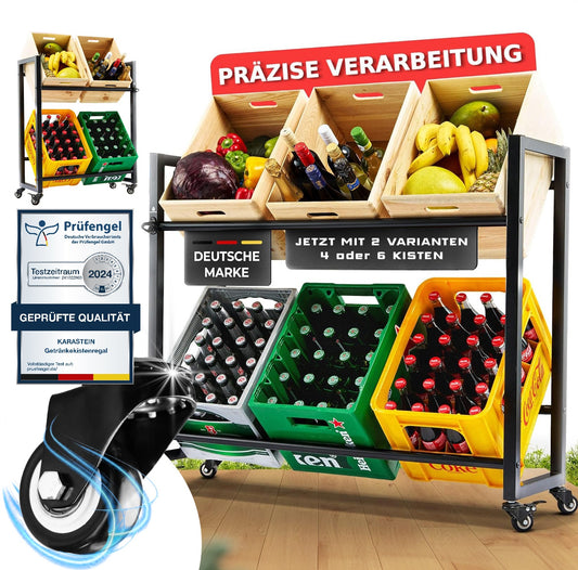 KARASTEIN® Premium Getränkekistenregal für 6 Kisten Schwarz - ideal zum Transportieren und Lagern von Getränkekisten, mit Schwerlastrollen und Flaschenöffner