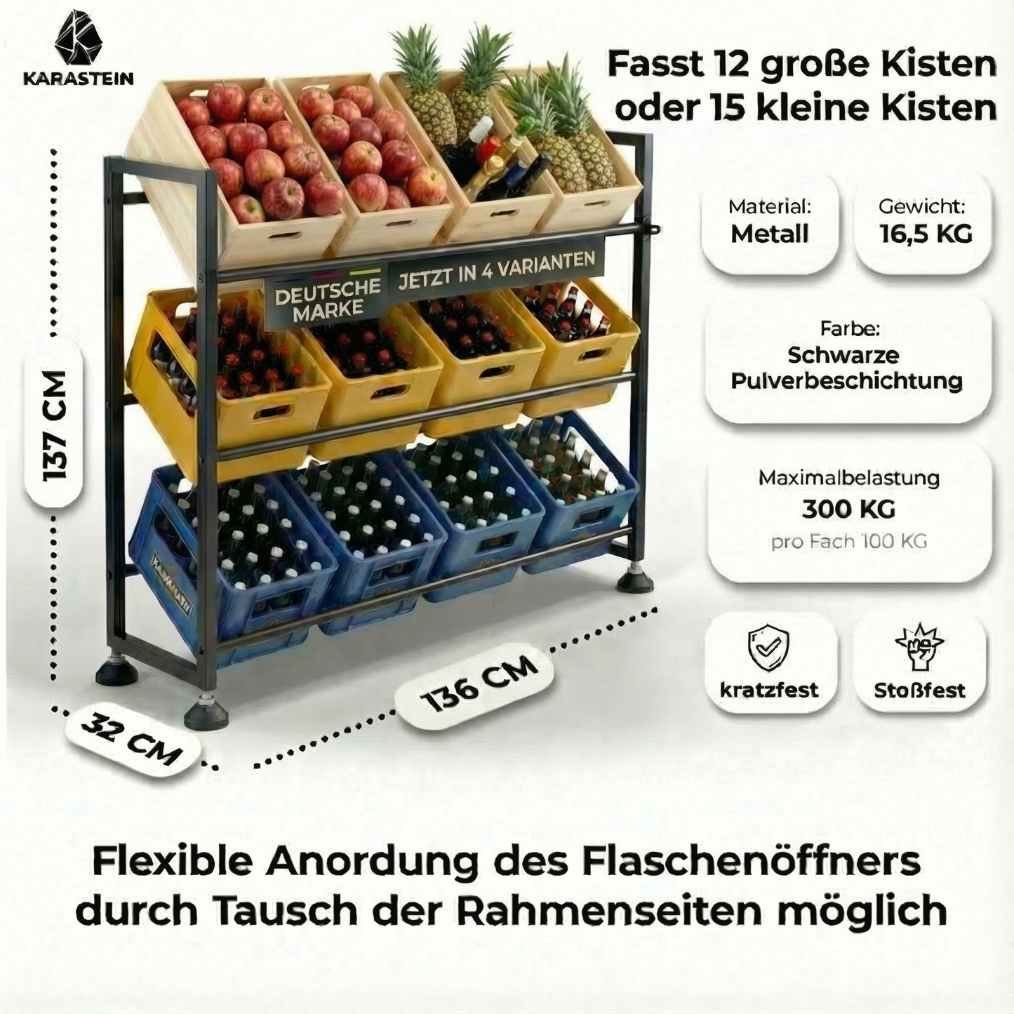 KARASTEIN® Getränkekistenregal für 12 Kisten – Stationäres Schwerlast Getränkeregal bis 300 kg – Profi Bierkistenregal & Wasserkistenregal aus Vierkantstahl mit verstellbaren Gummifüßen
