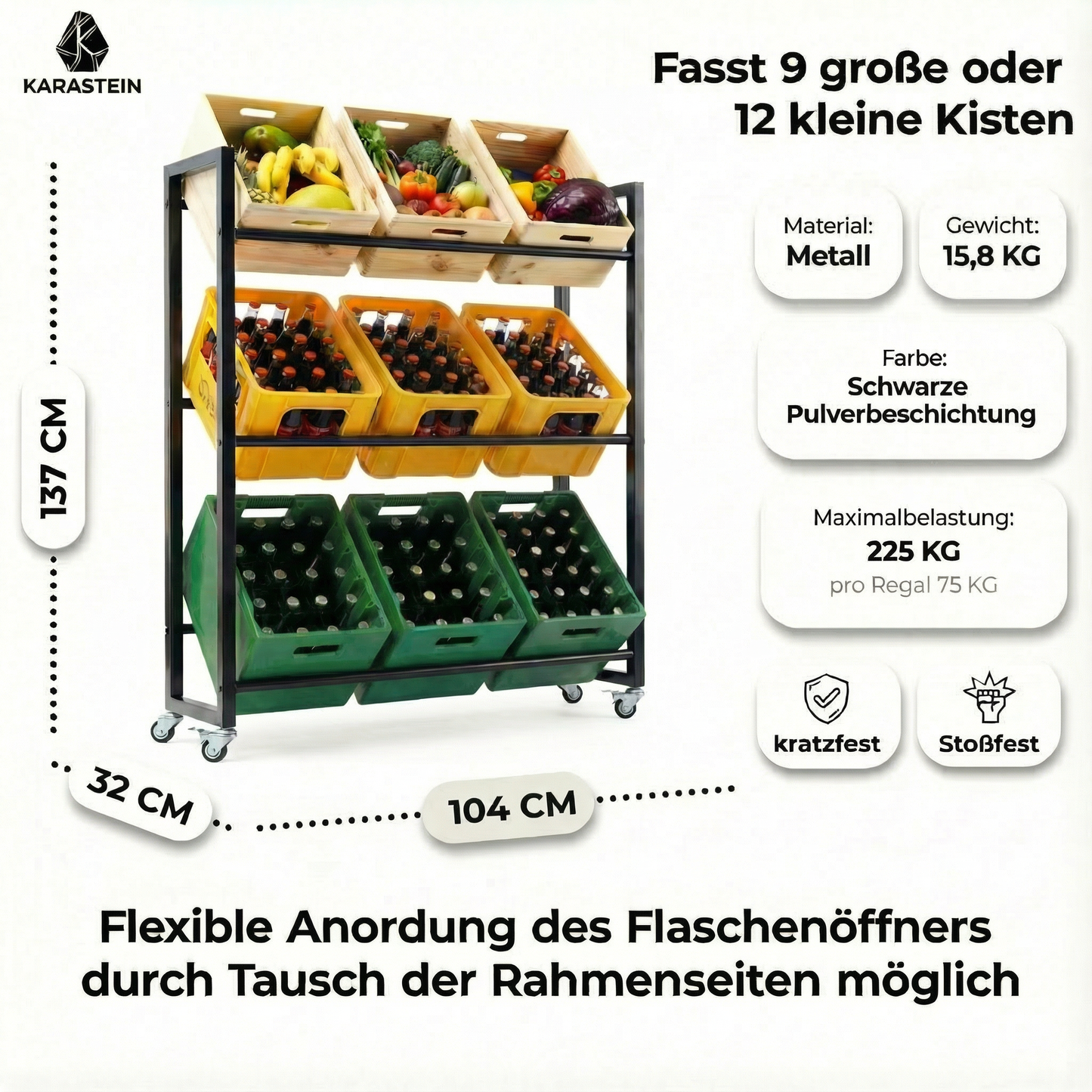 KARASTEIN® Getränkekistenregal für 9 Kisten mit Rollen – Mobiles Schwerlast Getränkeregal bis 225 kg – Profi Bierkistenregal & Wasserkistenregal aus Vierkantstahl