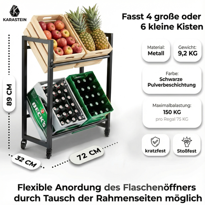 KARASTEIN® Getränkekistenregal für 4 Kisten mit Rollen – Mobiles Schwerlast Getränkeregal bis 150 kg – Profi Bierkistenregal & Wasserkistenregal aus Vierkantstahl