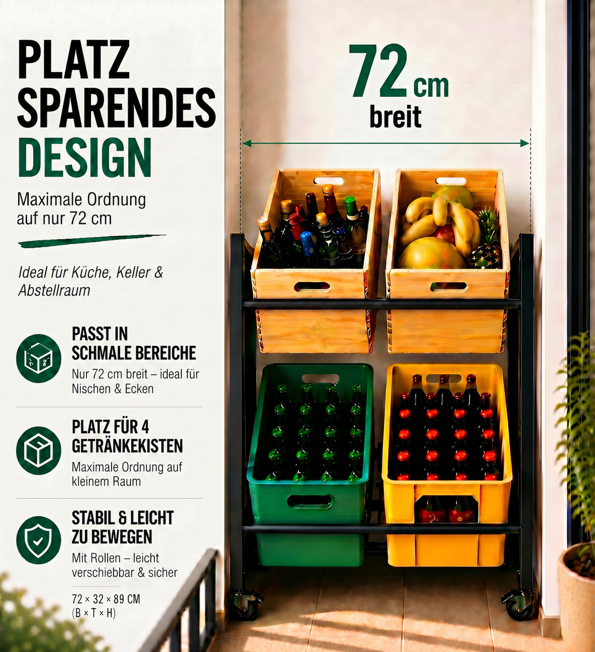 KARASTEIN® Getränkekistenregal für 4 Kisten mit Rollen – Mobiles Schwerlast Getränkeregal bis 150 kg – Profi Bierkistenregal & Wasserkistenregal aus Vierkantstahl
