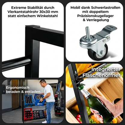 KARASTEIN® Getränkekistenregal für 4 Kisten mit Rollen – Mobiles Schwerlast Getränkeregal bis 150 kg – Profi Bierkistenregal & Wasserkistenregal aus Vierkantstahl