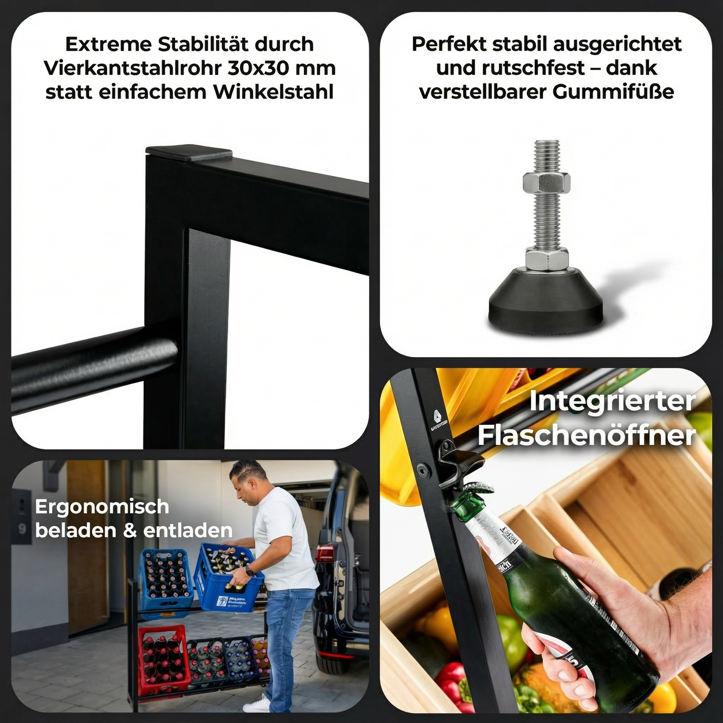 KARASTEIN® Getränkekistenregal für 12 Kisten – Stationäres Schwerlast Getränkeregal bis 300 kg – Profi Bierkistenregal & Wasserkistenregal aus Vierkantstahl mit verstellbaren Gummifüßen